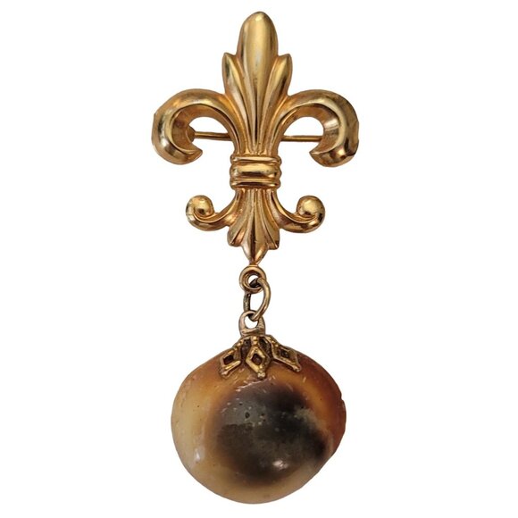 Gold Tone Fleur De Lis Bar With Operculum Eye Shell Dangle Brooch Pin E816 - Picture 7 of 7